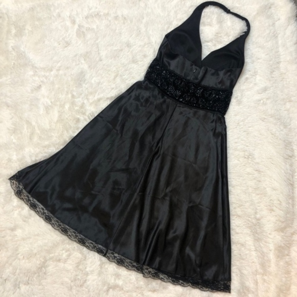 OC OC Satin Beaded Waist & Lace Trim Formal Black Halter Prom Dress, 6